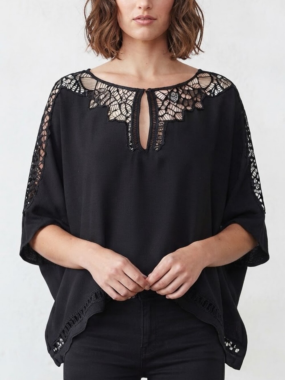 Ark & Co. Black Blouse with Geometric Lace Details and Keyhole Neckline, Size L